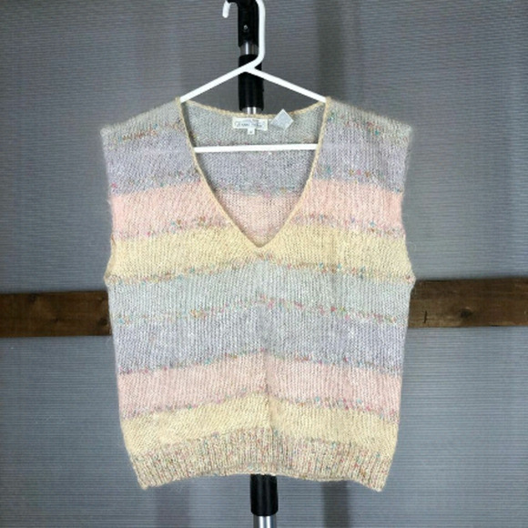 JEANNE PIERRE Mohair Blend Vintage Pastel Rainbow V-NeckPullover Vest SzS‎ - Picture 2 of 5